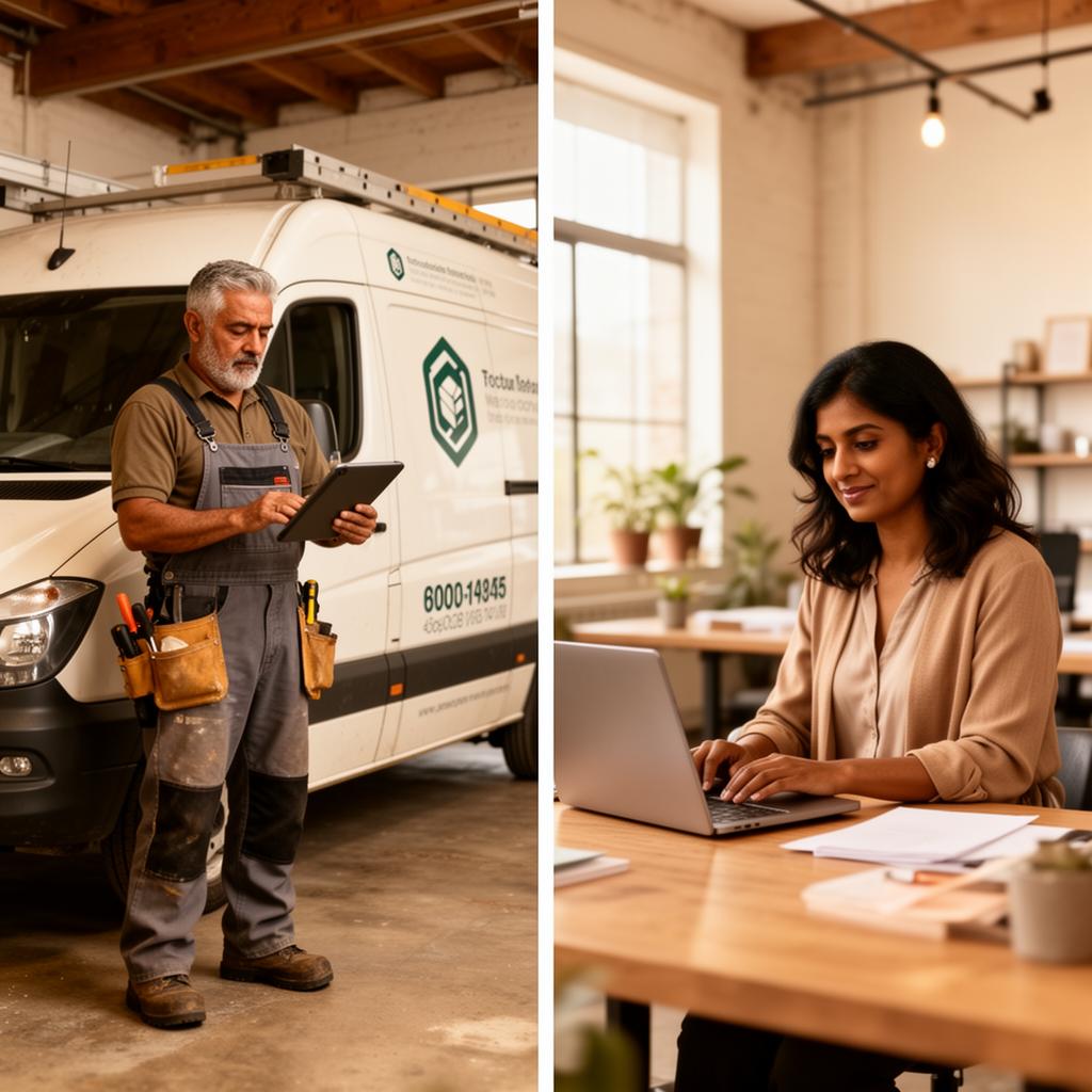 A Latino tradesman with a tablet beside his service van, and a South Asian agency owner working on a laptop